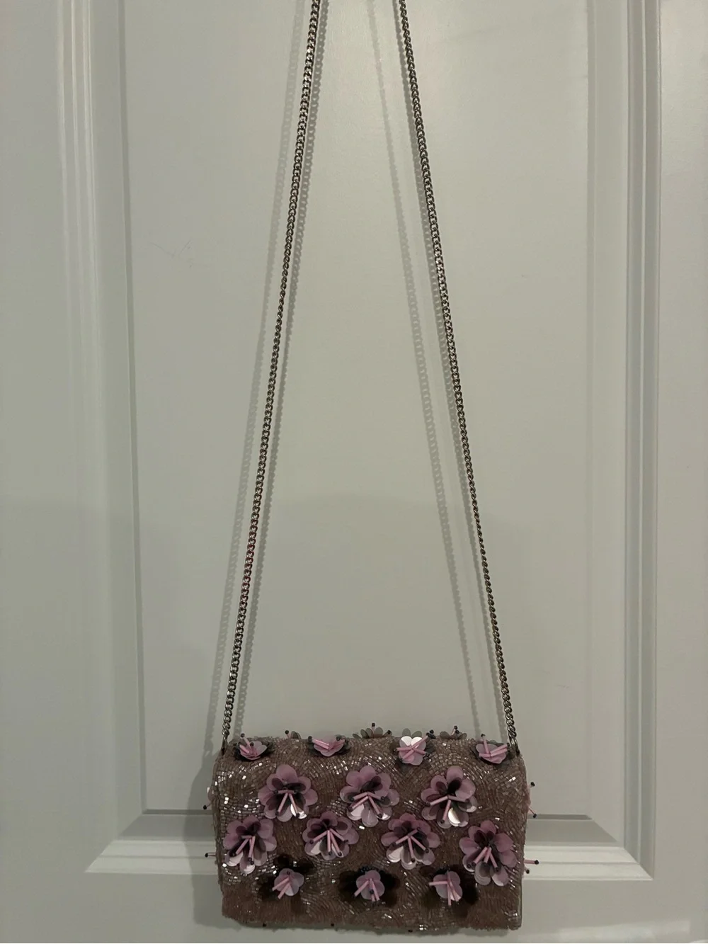 Beaded Floral Clutch Taupe/Pink Silver Chain Strap Snap Lined